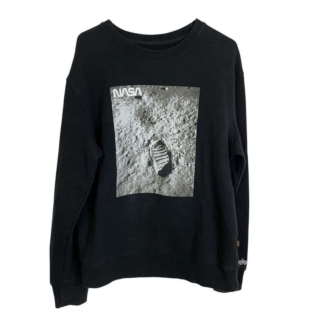 Alpha Industries Sweatshirt Mens XL Black Graphic Moon Landing Pullover Crew *